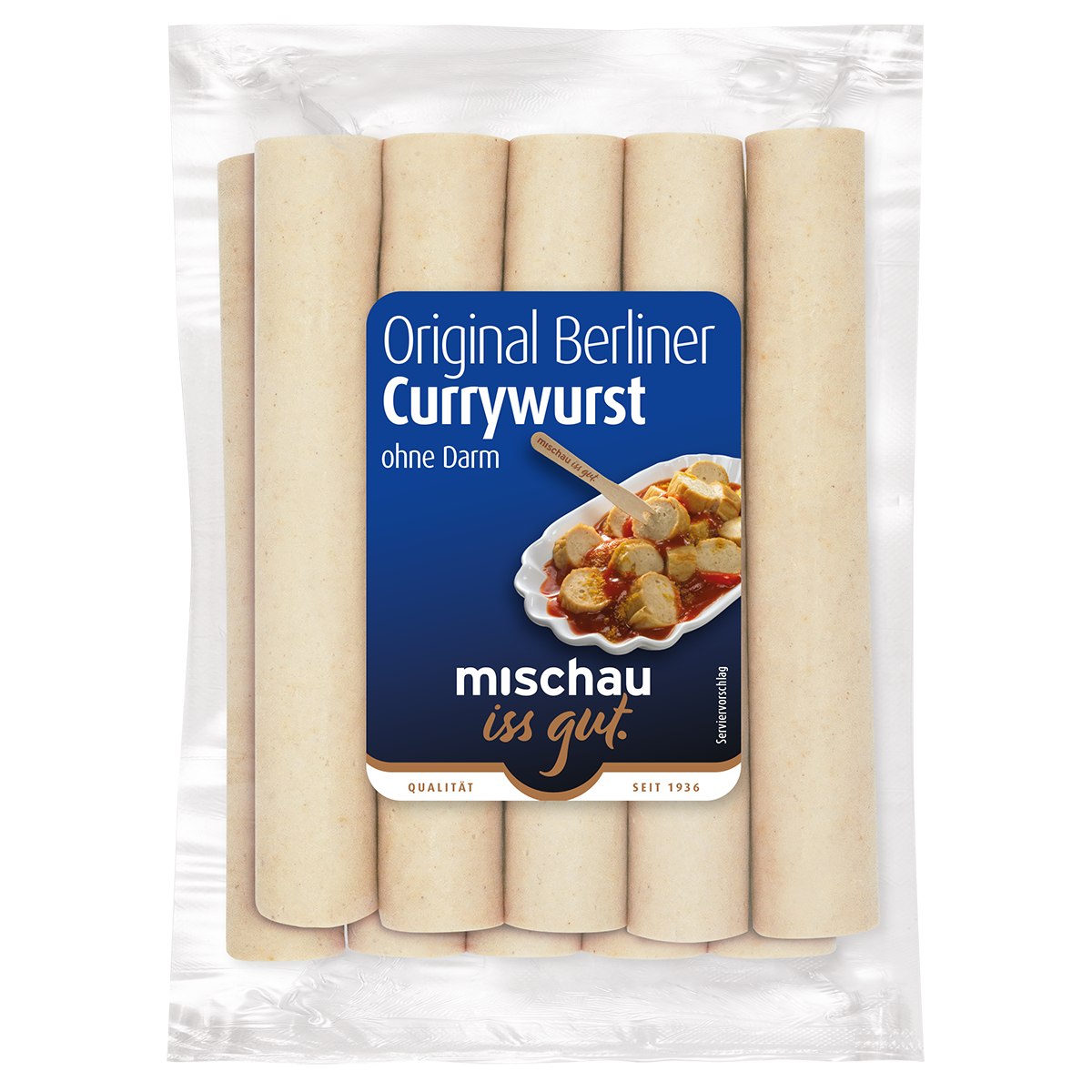 Original Berliner Currywurst ohne Darm als 10er Pack in Vakuumverpackung auf weißem Hintergrund
