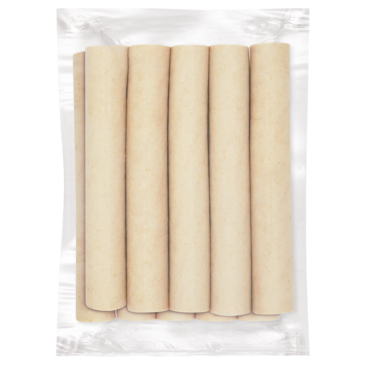 Original Berliner Currywurst ohne Darm als 10er Pack in Vakuumverpackung auf weißem Hintergrund