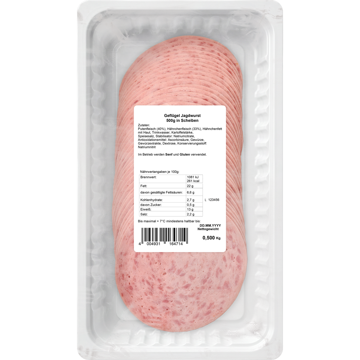 Geflügel-Jagdwurst in Scheiben 500 g in ATMOS-Schale auf weißem Hintergrund