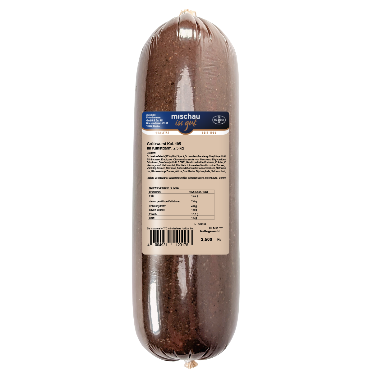 Grützwurst im Kunstdarm als 2,5-kg-Stange mit Etikett auf weißem Hintergrund
