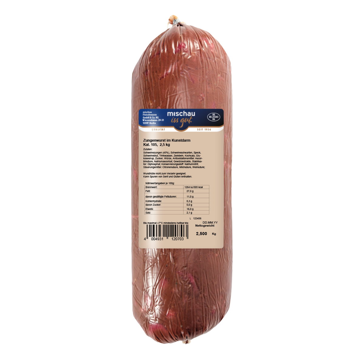 Zungenwurst im Kunstdarm als 2,5-kg-Stange mit Etikett auf weißem Hintergrund