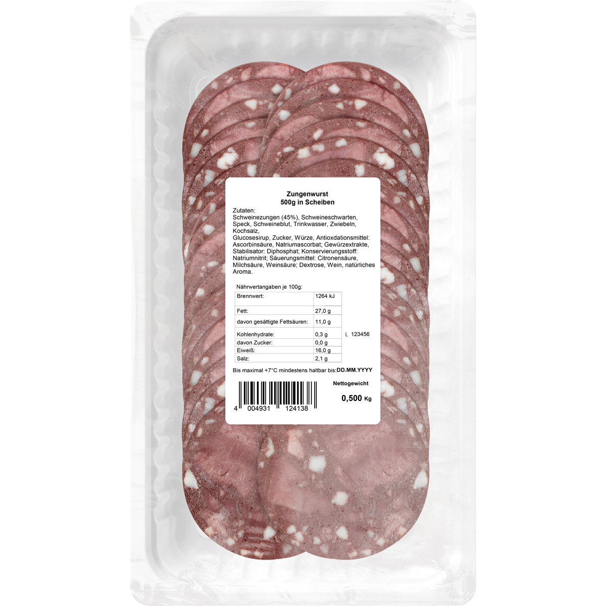 Zungenwurst in Scheiben 500 g in ATMOS-Schale auf weißem Hintergrund