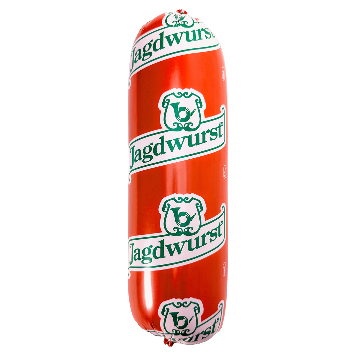 Jagdwurst als ca. 2,5-kg-Stange mit Etikett auf weißem Hintergrund