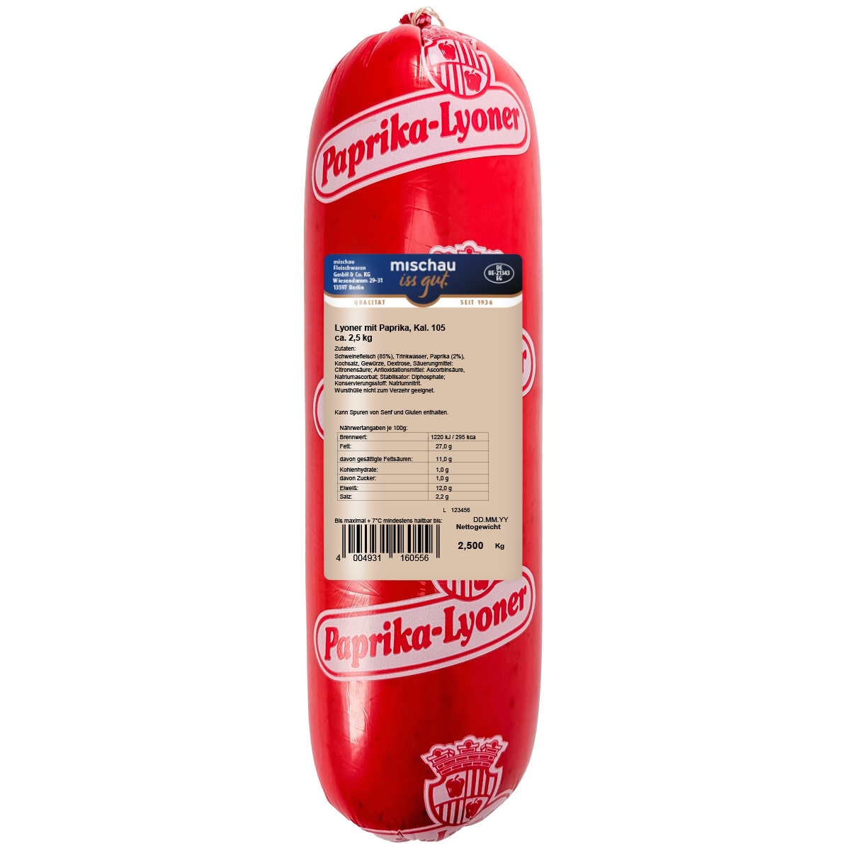 Paprika-Lyoner als ca. 2,5-kg-Stange mit Etikett auf weißem Hintergrund