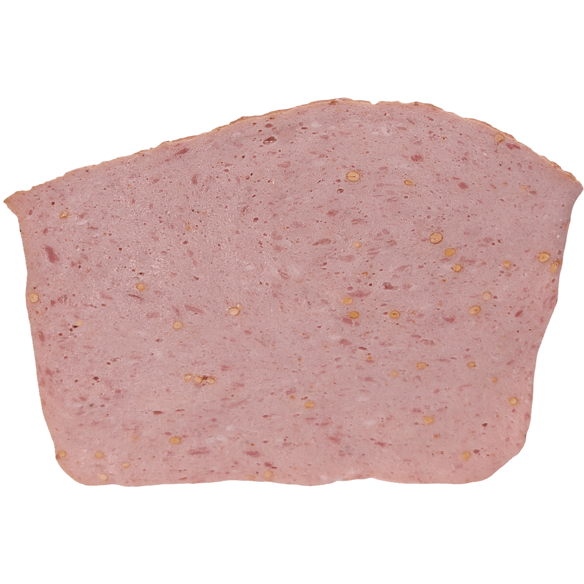 Freigestellte Scheibe Römerbraten mit feiner Brühwurststruktur und Senfkörnern