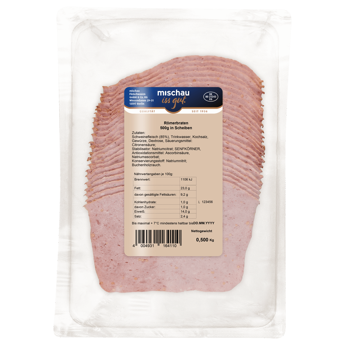 Römerbraten in Scheiben 500 g in ATMOS-Schale auf weißem Hintergrund