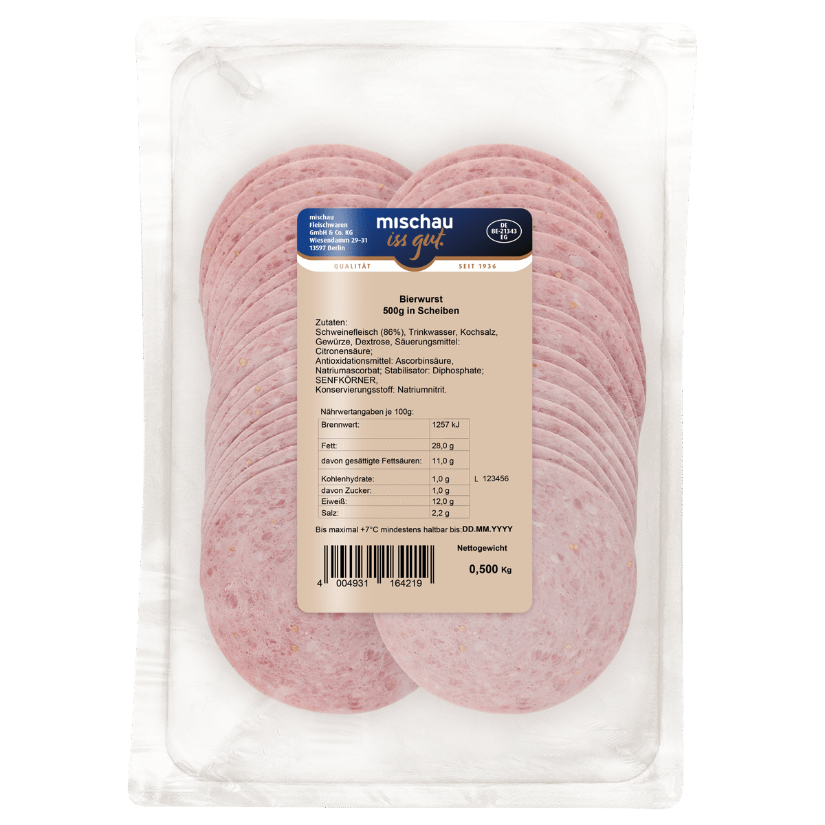 Bierwurst in Scheiben 500 g in ATMOS-Schale auf weißem Hintergrund