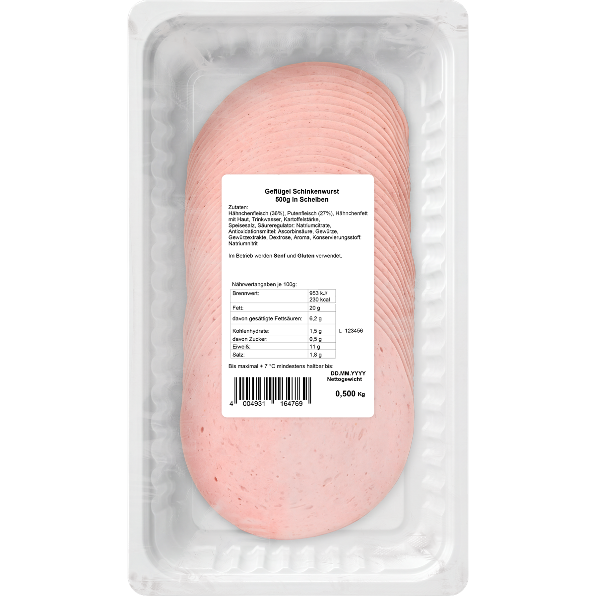 Geflügel-Schinkenwurst in Scheiben 500 g in ATMOS-Schale auf weißem Hintergrund