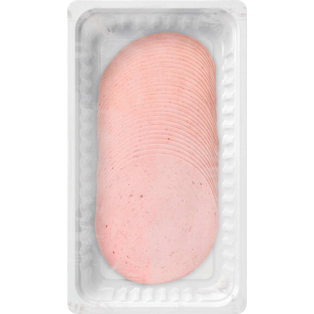 Geflügel-Schinkenwurst in Scheiben 500 g in ATMOS-Schale auf weißem Hintergrund