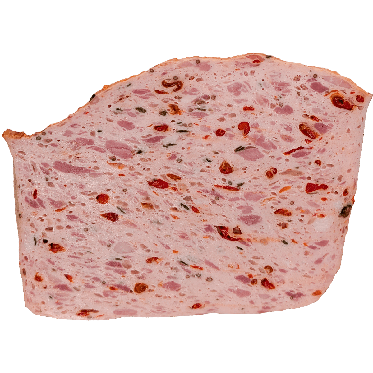 Freigestellte Scheibe Pizza-Fleischkäse mit Paprika, Zwiebeln und Kräutern