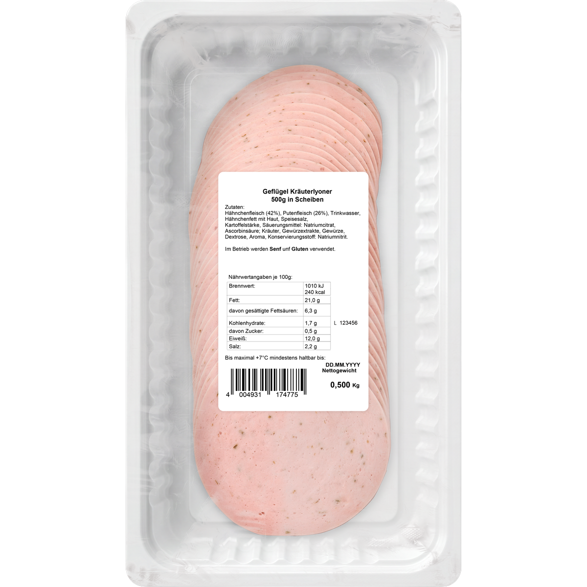 Geflügel-Kräuterlyoner in Scheiben 500 g in ATMOS-Schale auf weißem Hintergrund