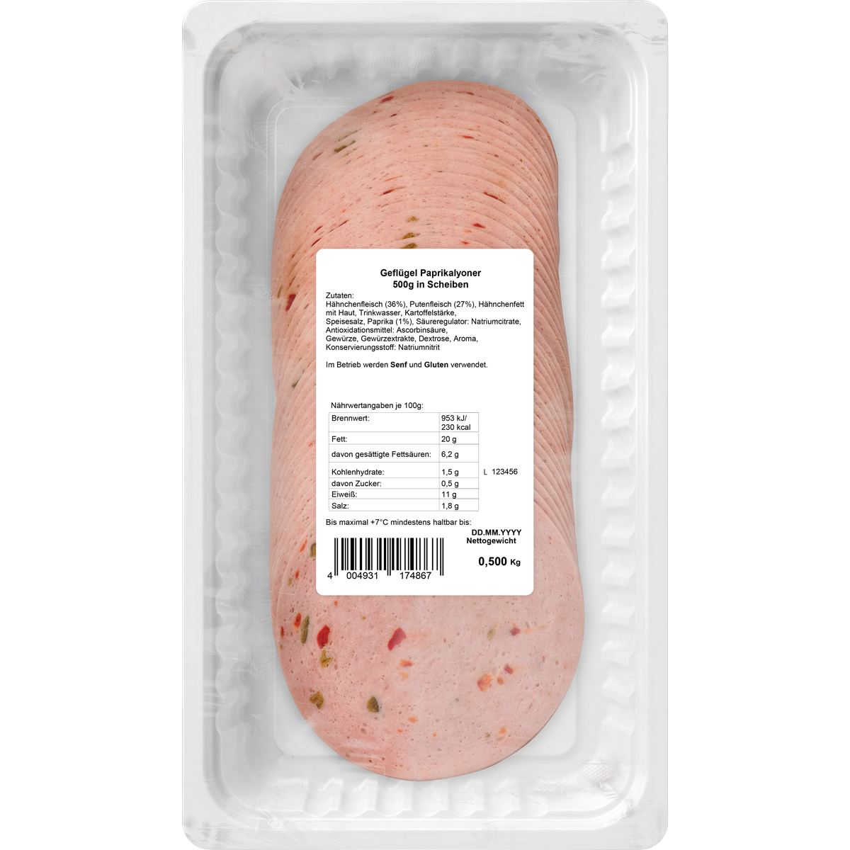 HALAL Geflügel-Paprikalyoner in Scheiben 500 g in ATMOS-Schale auf weißem Hintergrund