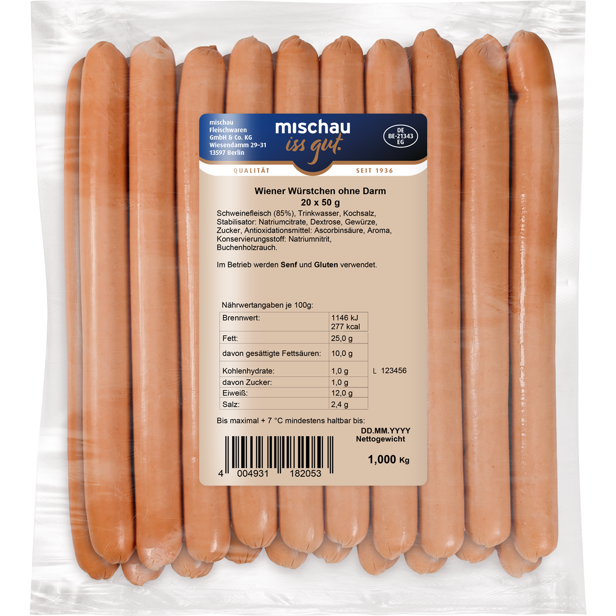 Wiener Würstchen ohne Darm als 20er Pack mit 20 x 50 g in Vakuumverpackung auf weißem Hintergrund