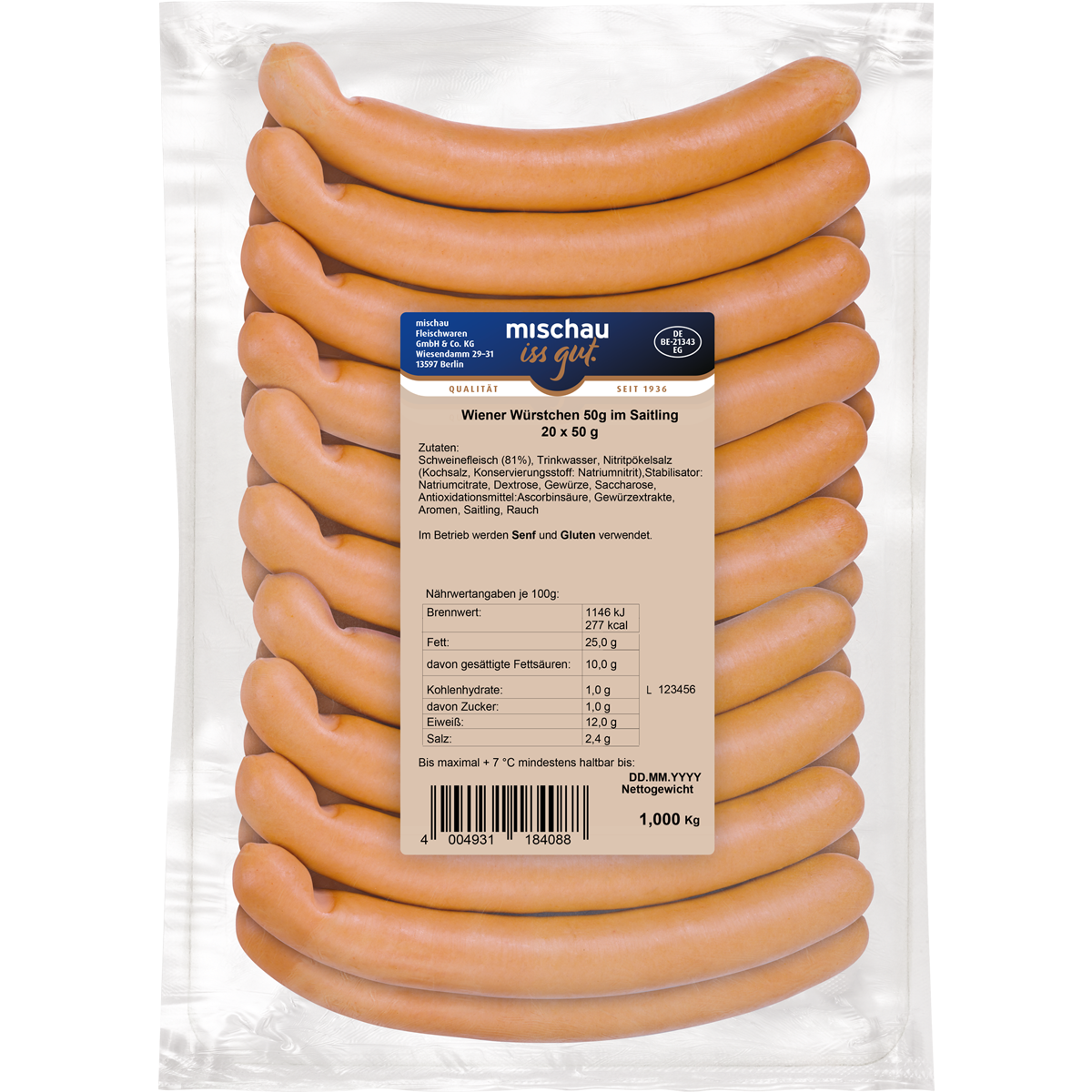 Wiener Würstchen im Saitling als 20er Pack mit 20 x 50 g im Schutzatmosphären-Beutel auf weißem Hintergrund