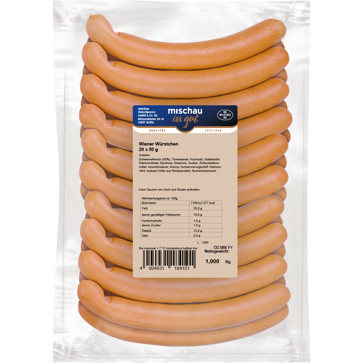 Wiener Würstchen als 20er Pack mit 20 x 50 g in Vakuumverpackung auf weißem Hintergrund