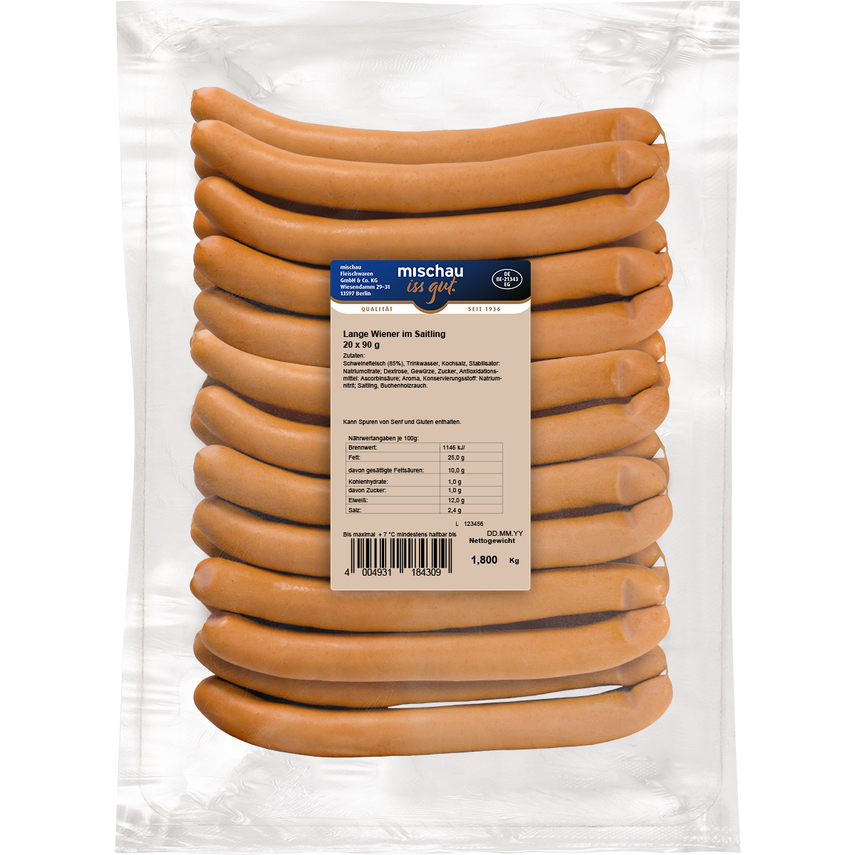 Lange Wiener im Saitling als 20er Pack mit 20 x 90 g in Vakuumverpackung auf weißem Hintergrund