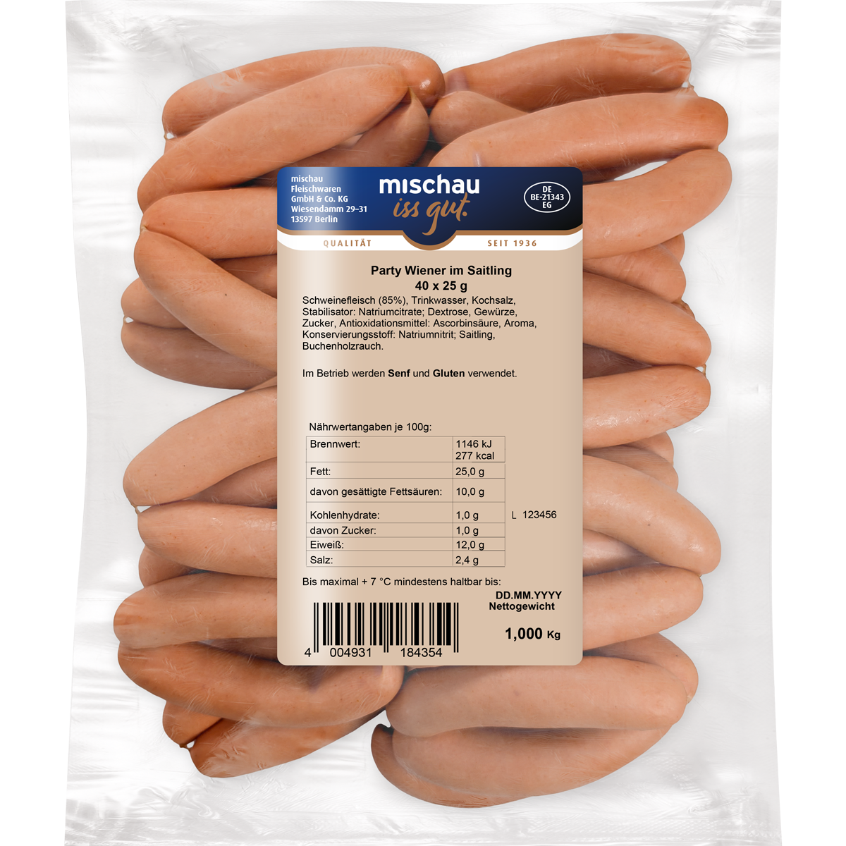 Party Wiener im Saitling als 40er Pack mit 40 x 25 g im Schutzatmosphären-Beutel auf weißem Hintergrund