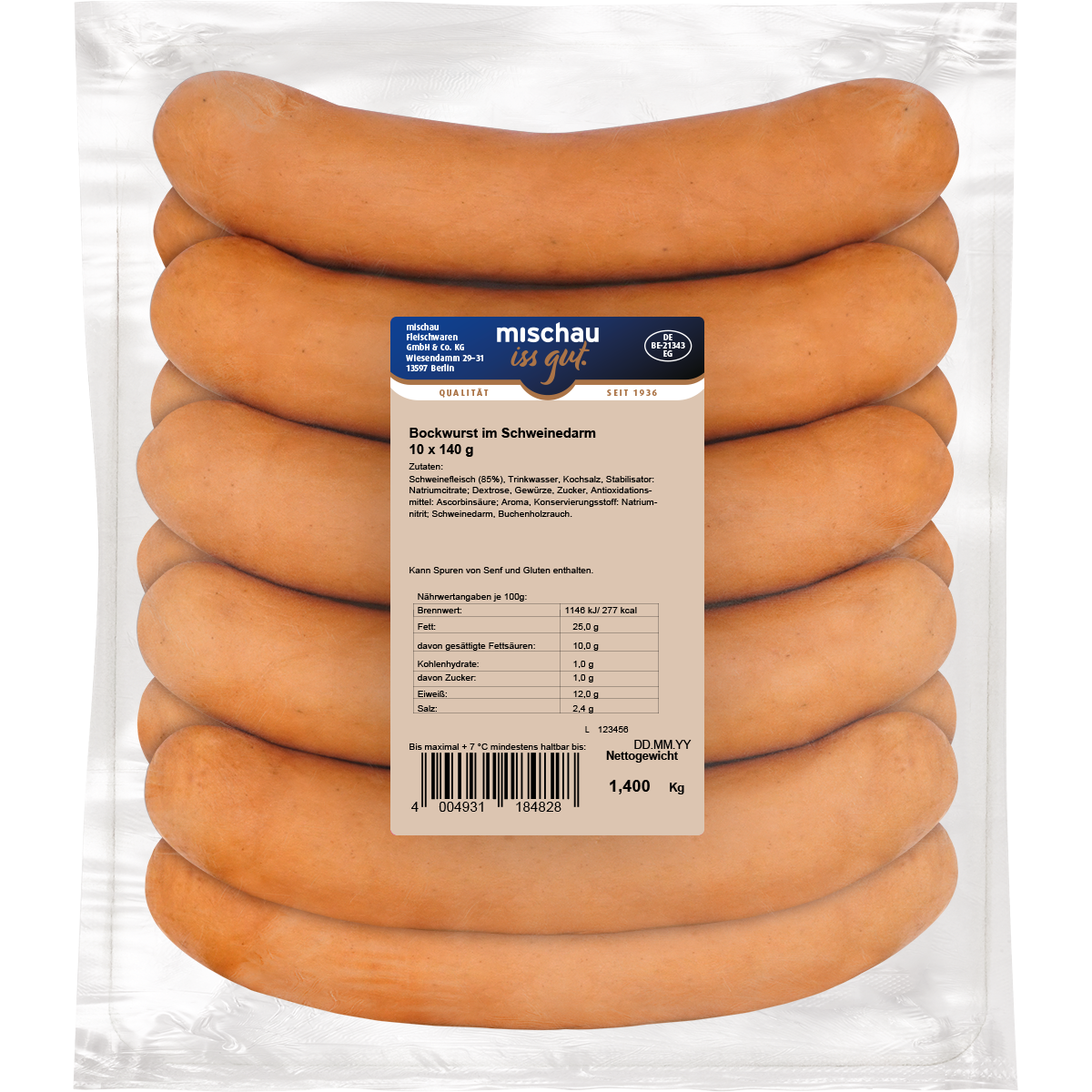 Bockwurst im Schweinedarm als 10er Pack mit 10 x 140 g in Vakuumverpackung auf weißem Hintergrund
