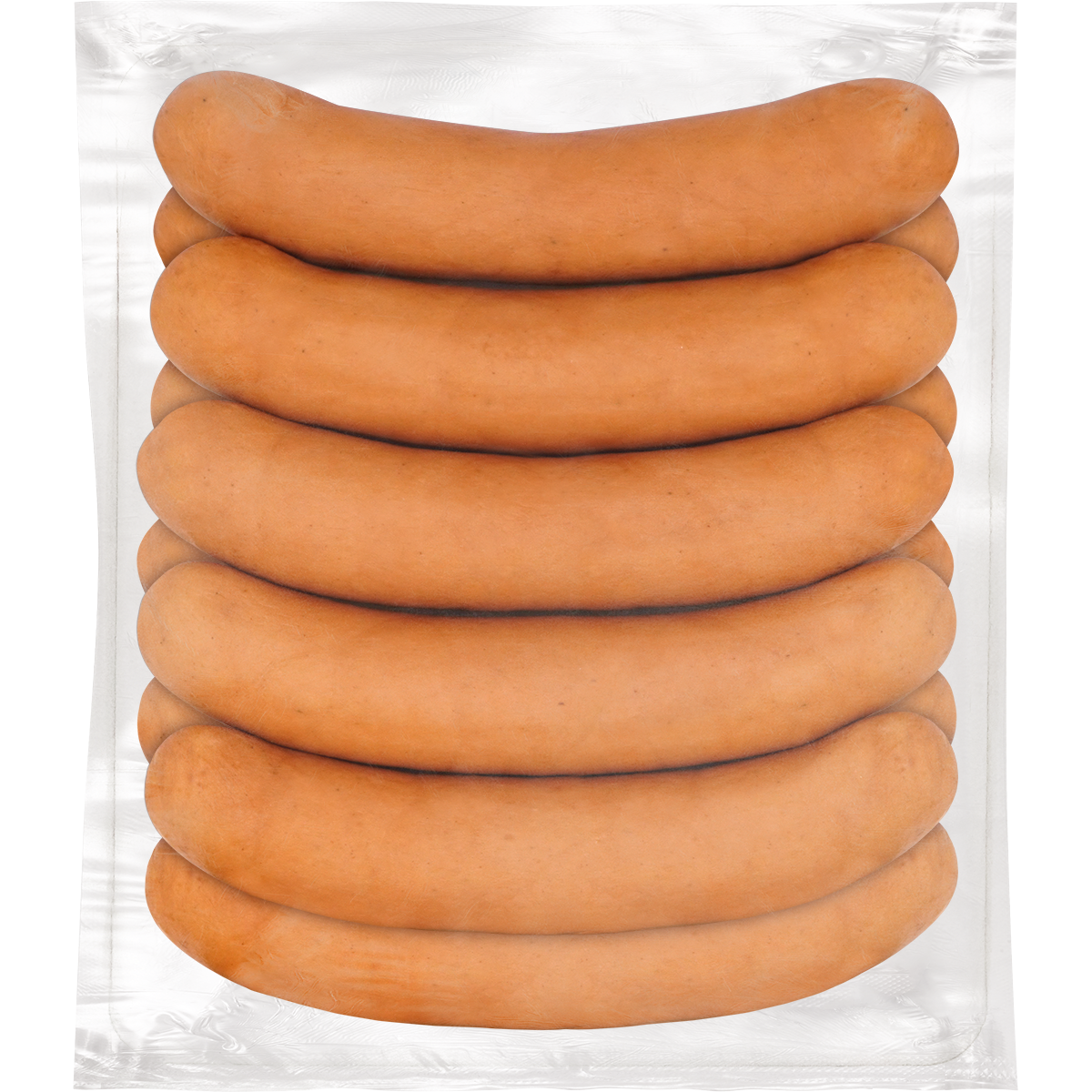 Bockwurst im Schweinedarm als 10er Pack mit 10 x 140 g in Vakuumverpackung auf weißem Hintergrund