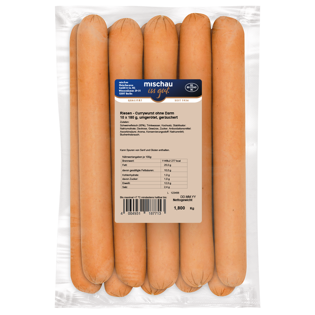 Riesen-Currywurst ohne Darm als 10er Pack mit 10 x 180 g in Vakuumverpackung auf weißem Hintergrund