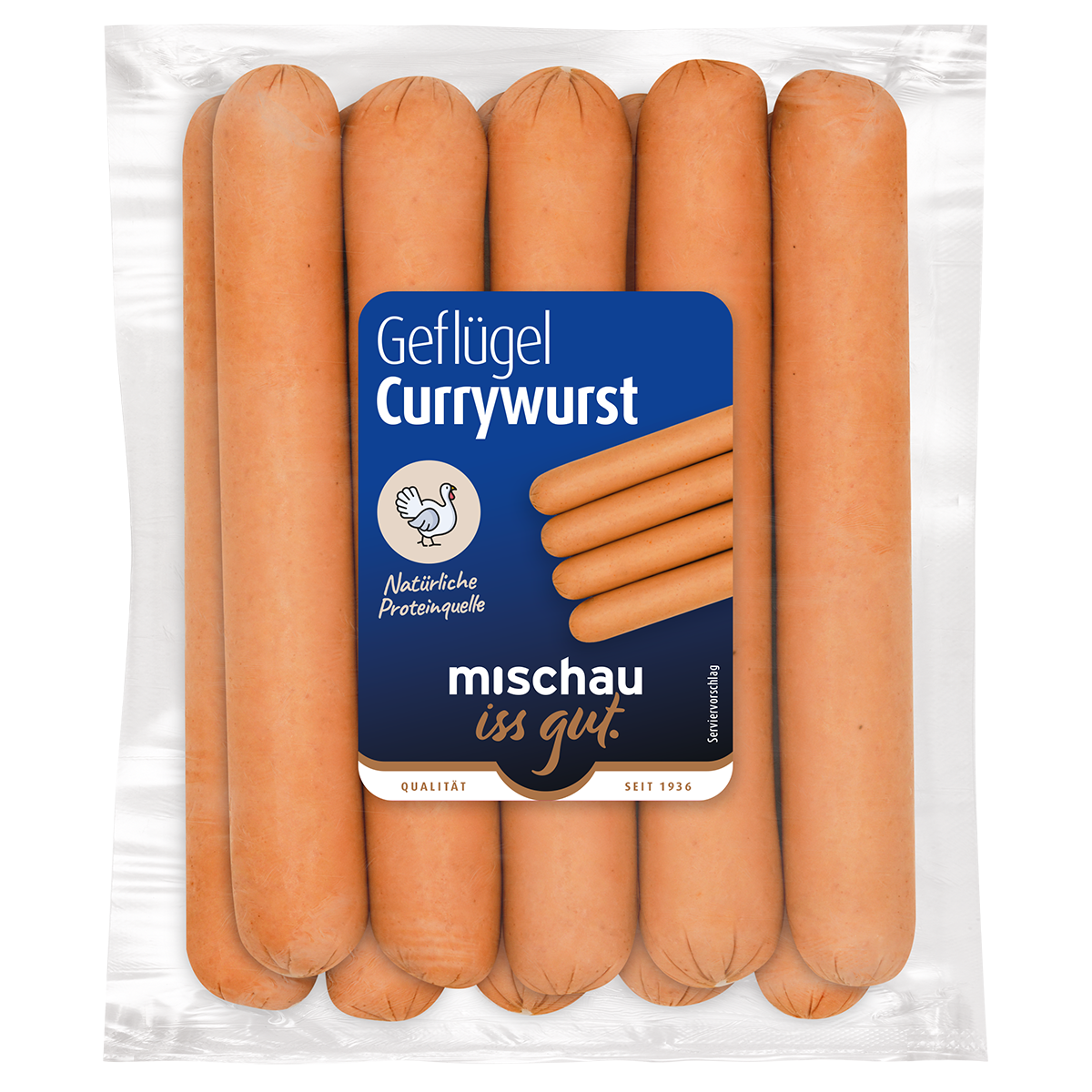Geflügel-Currywurst als 10er Pack in Vakuumverpackung auf weißem Hintergrund