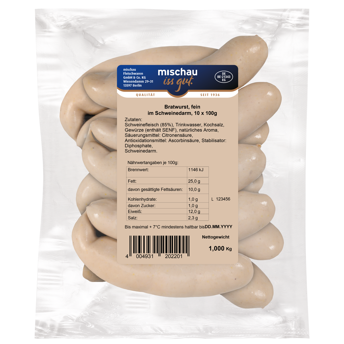 Feine Bratwurst im Schweinedarm als 10er Pack mit 10 x 100 g in Vakuumverpackung auf weißem Hintergrund