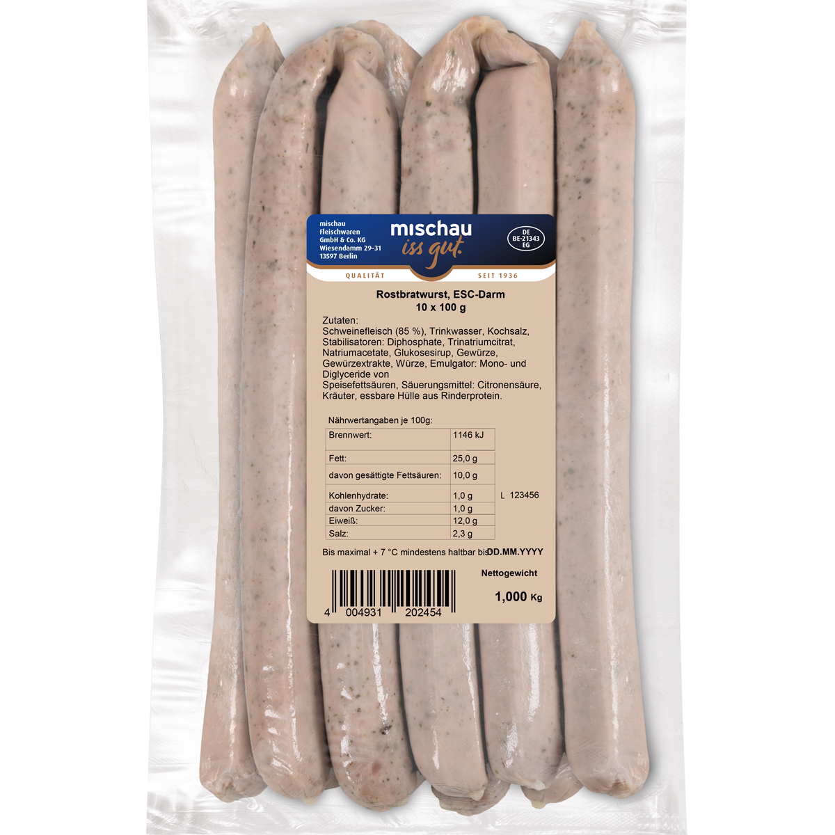 Rostbratwurst im ESC-Darm als 10er Pack mit 10 x 100 g in Vakuumverpackung auf weißem Hintergrund