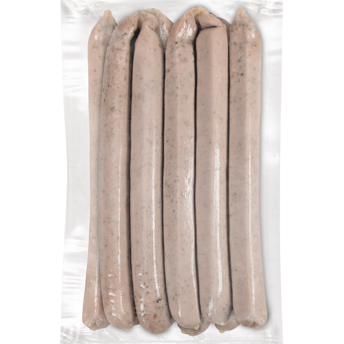 Rostbratwurst im ESC-Darm als 10er Pack mit 10 x 100 g in Vakuumverpackung auf weißem Hintergrund