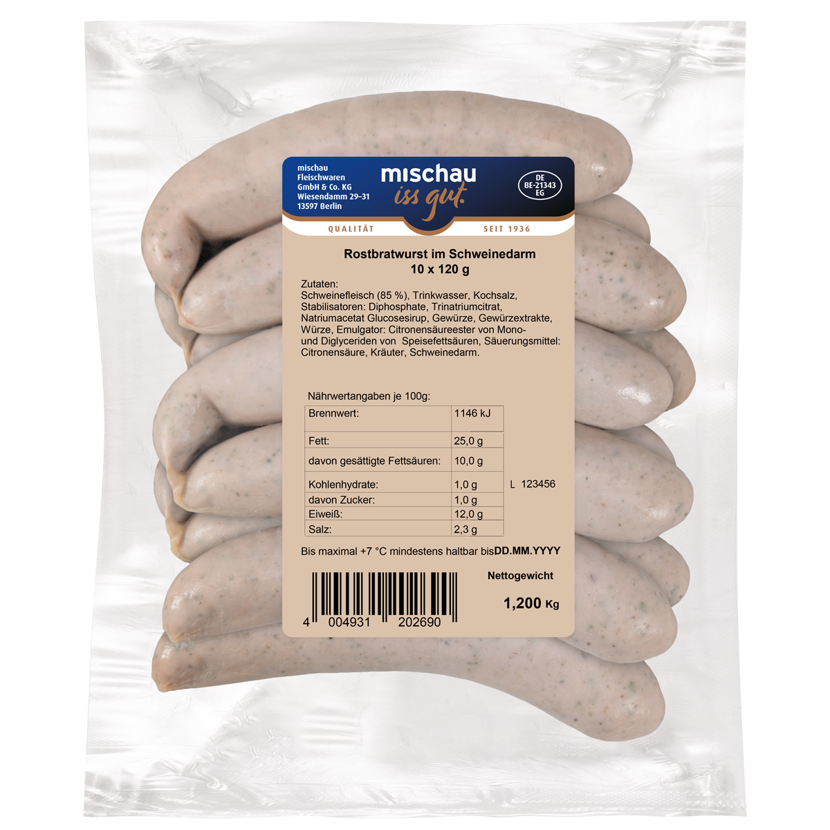 Rostbratwurst im Schweinedarm als 10er Pack mit 10 x 120 g in Vakuumverpackung auf weißem Hintergrund