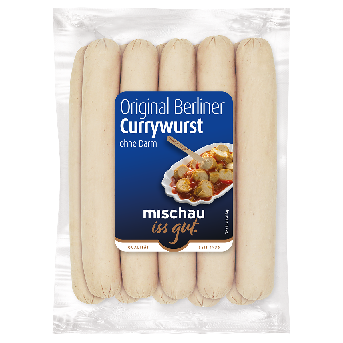 Original Berliner Currywurst ohne Darm als 10er Pack in Vakuumverpackung auf weißem Hintergrund