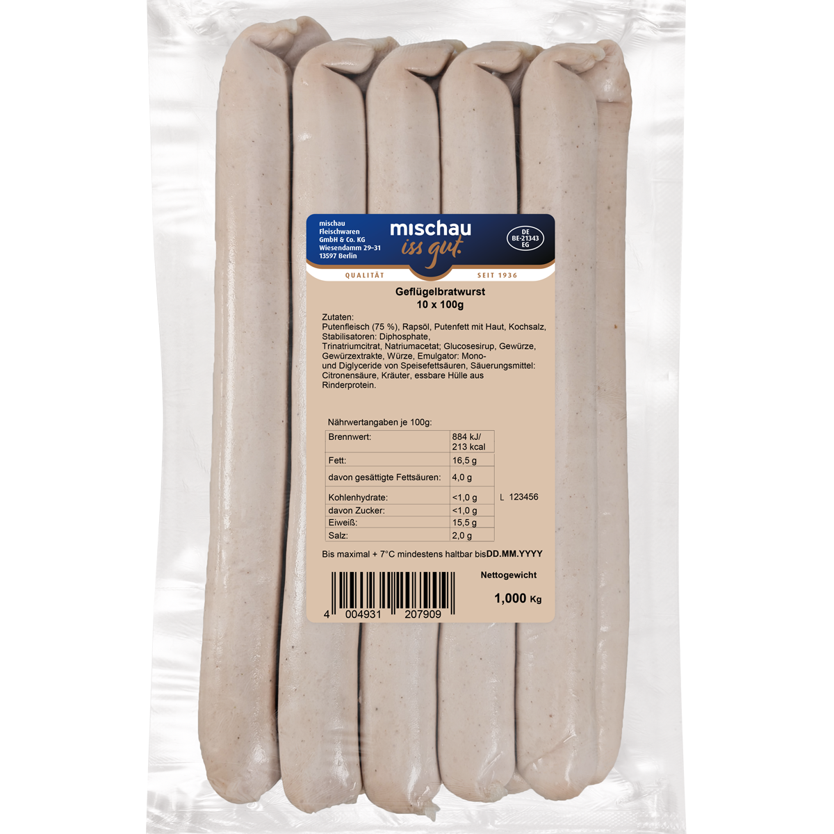 Geflügelbratwurst als 10er Pack mit 10 x 100 g in Vakuumverpackung auf weißem Hintergrund