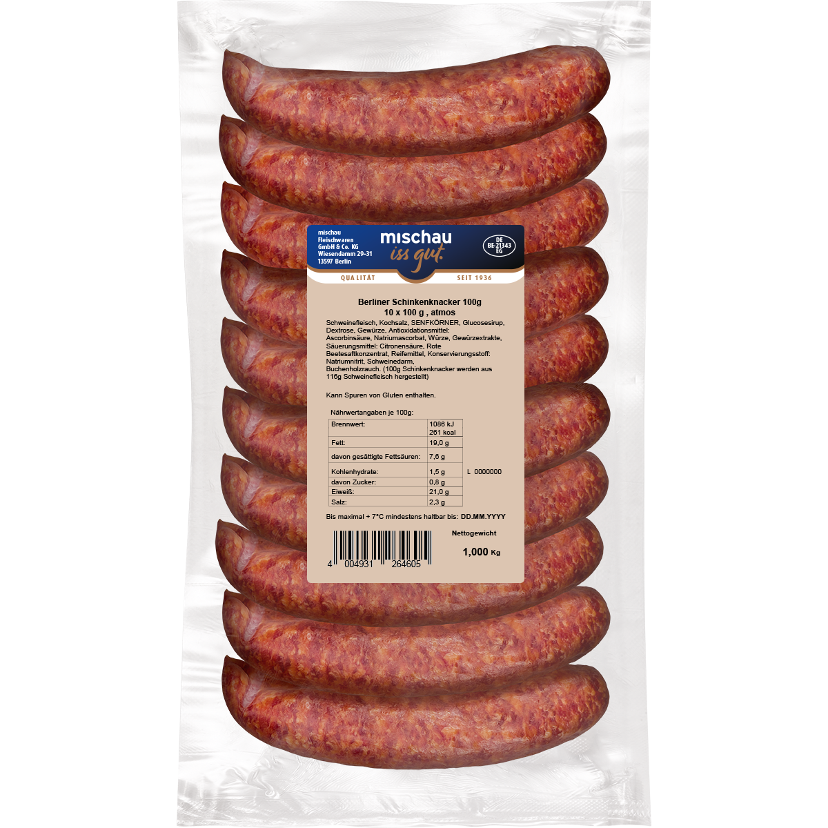 Berliner Schinkenknacker als 10er Pack mit 10 x 100 g in Vakuumverpackung auf weißem Hintergrund