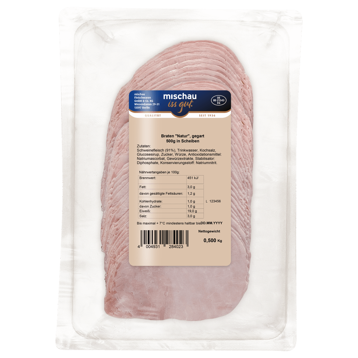 Braten Natur gegart in Scheiben 500 g in ATMOS-Schale auf weißem Hintergrund