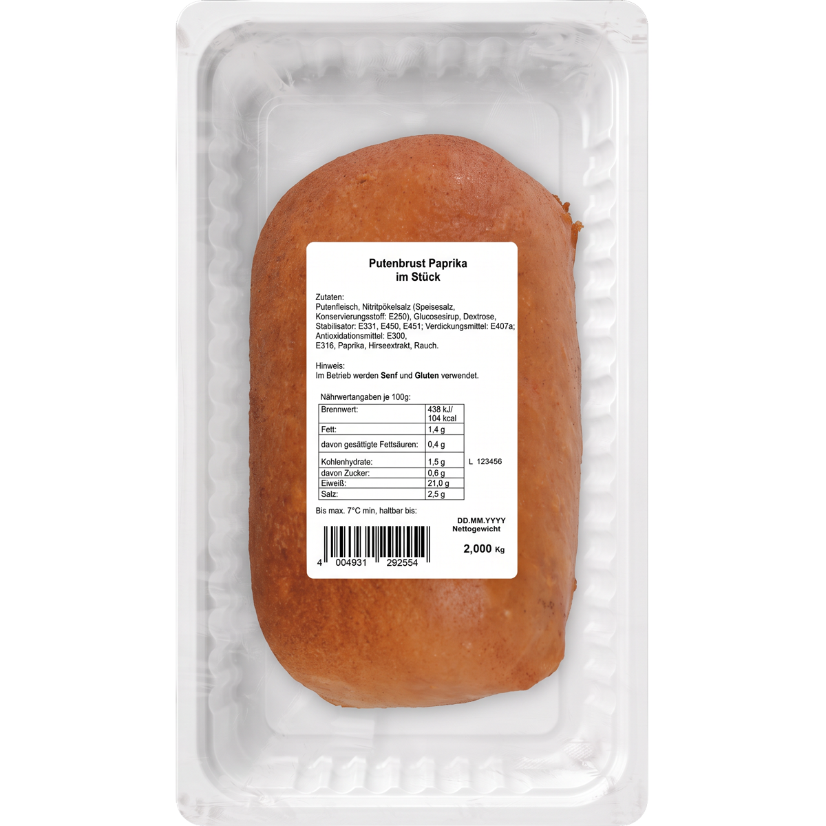 Putenbrust Paprika im Stück ca. 2 kg in ATMOS-Schale auf weißem Hintergrund