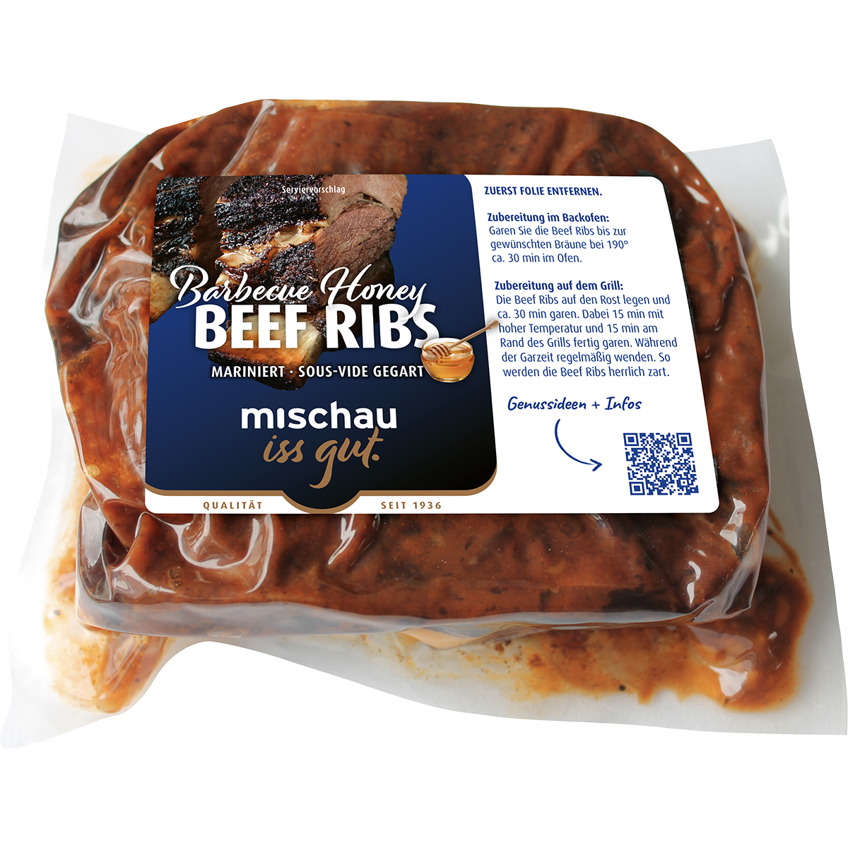 Barbecue Honey Beef Ribs mariniert und sous-vide gegart in Vakuumverpackung auf weißem Hintergrund