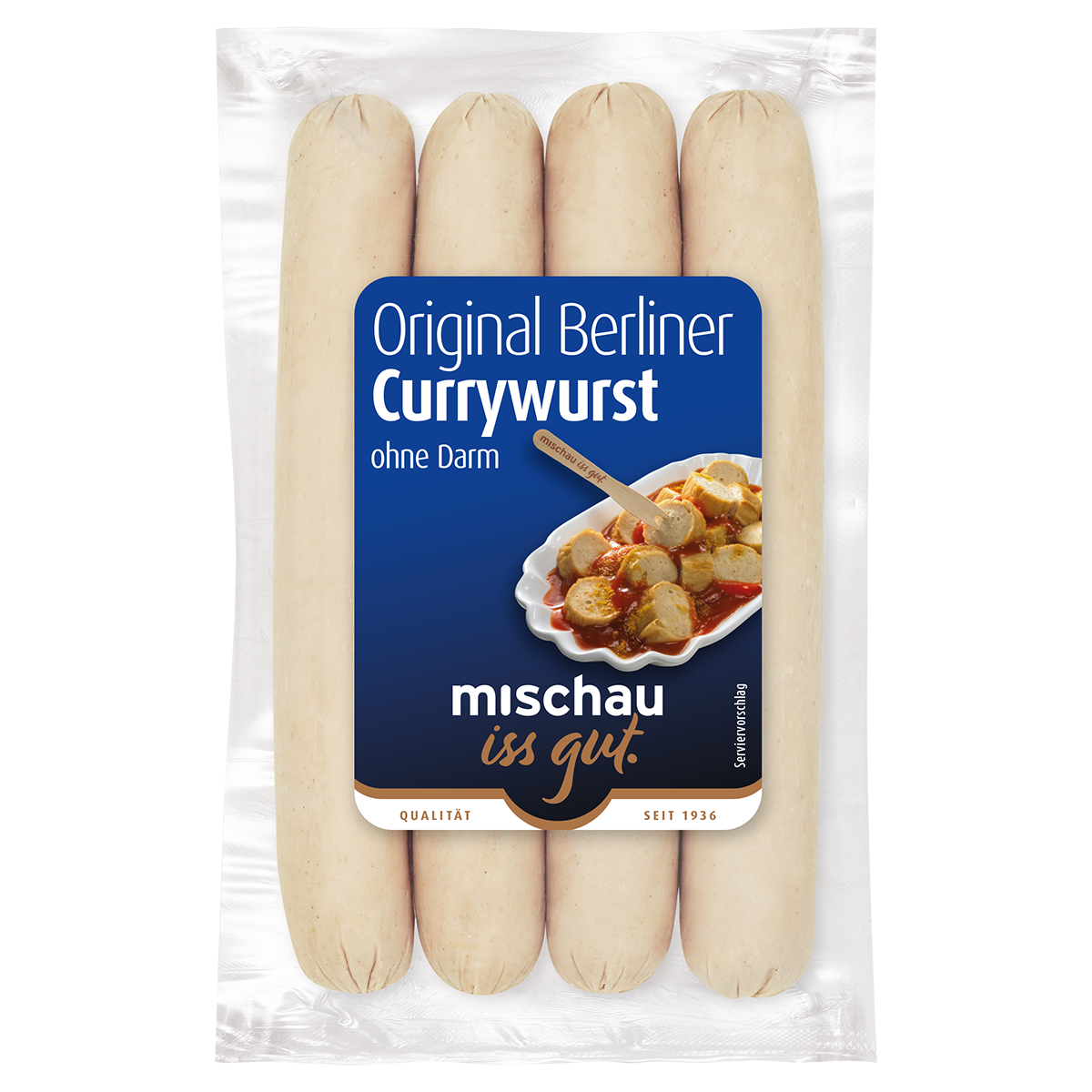 Original Berliner Currywurst ohne Darm als 4er Pack in Vakuumverpackung auf weißem Hintergrund