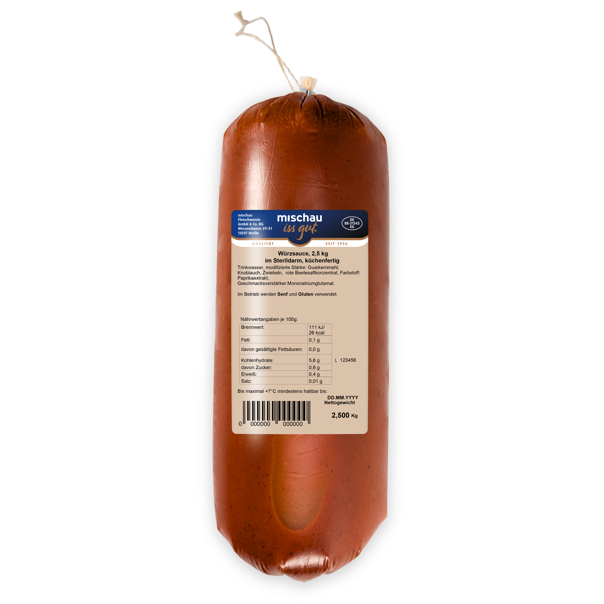 Würzsauce 2,5 kg im Sterildarm auf weißem Hintergrund