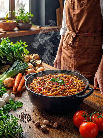 Spaghetti Bolognese mit würziger Hackfleischsauce frisch zubereitet im Schmortopf