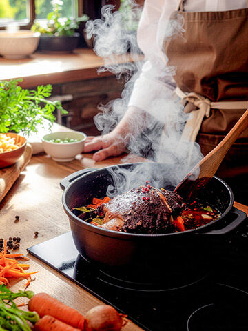 Berliner Eisbein mit Wurzelgemüse und Gewürzen frisch im Schmortopf zubereitet