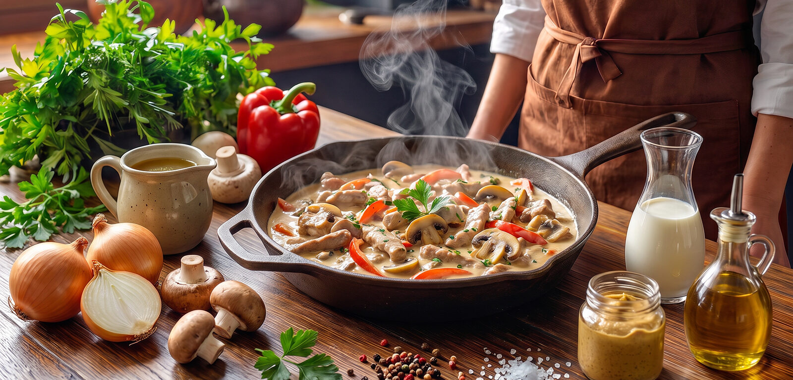Cremiges Schweinegeschnetzeltes mit Champignons und Paprika in Sahnesauce frisch in der Pfanne zubereitet