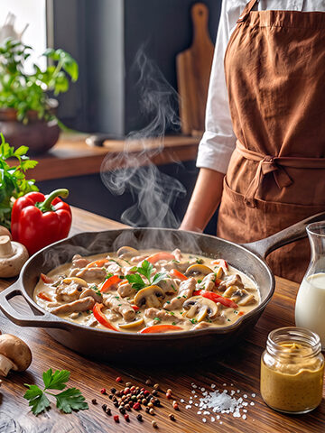Cremiges Schweinegeschnetzeltes mit Champignons und Paprika in Sahnesauce frisch in der Pfanne zubereitet
