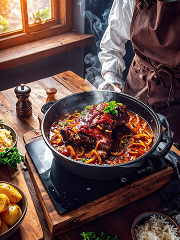 Kasselerschmaus mit Zwiebeln in herzhafter Sauce frisch zubereitet im Schmortopf