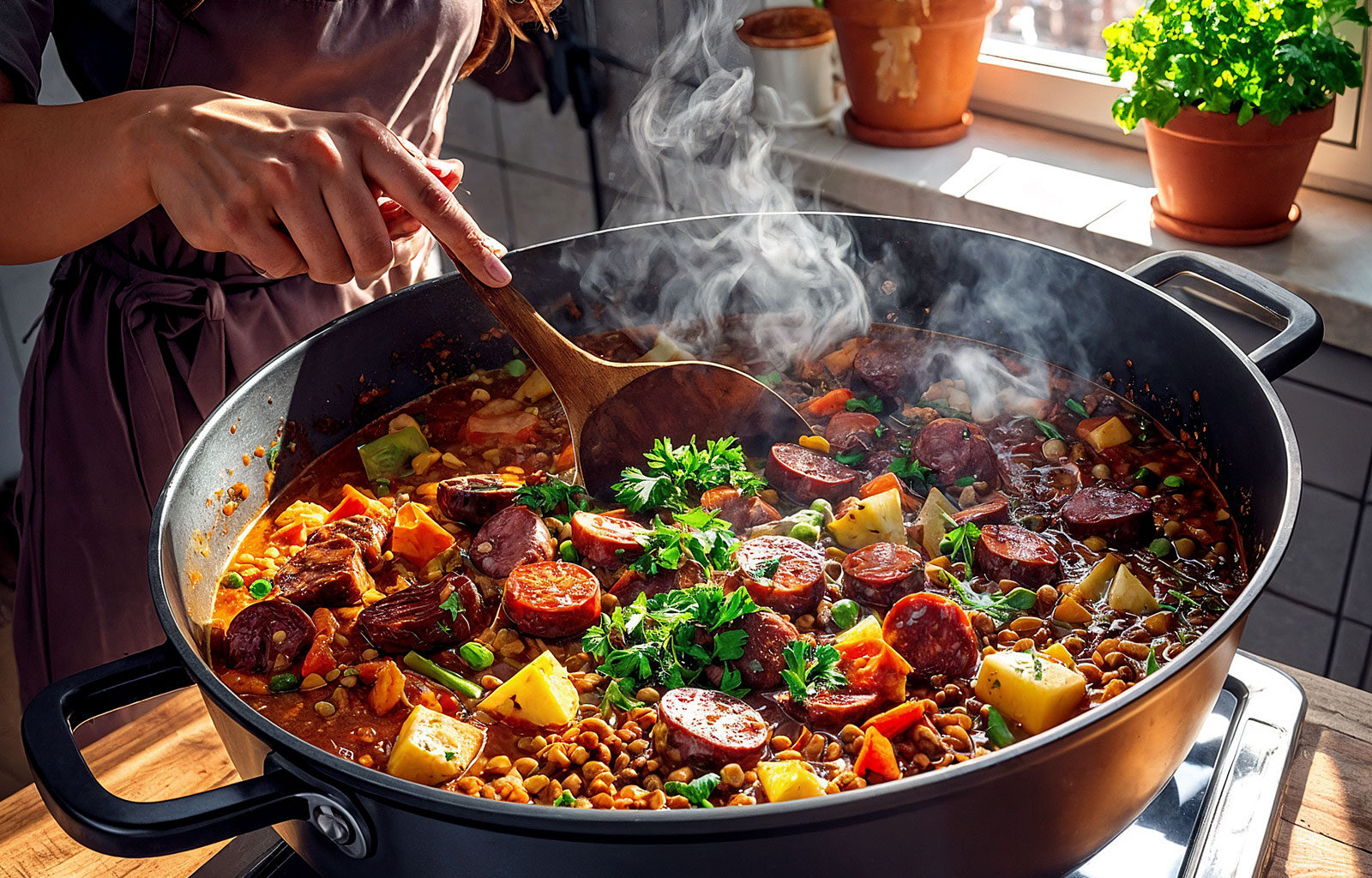 Linseneintopf mit Chili-Krakauer frisch zubereitet im Schmortopf