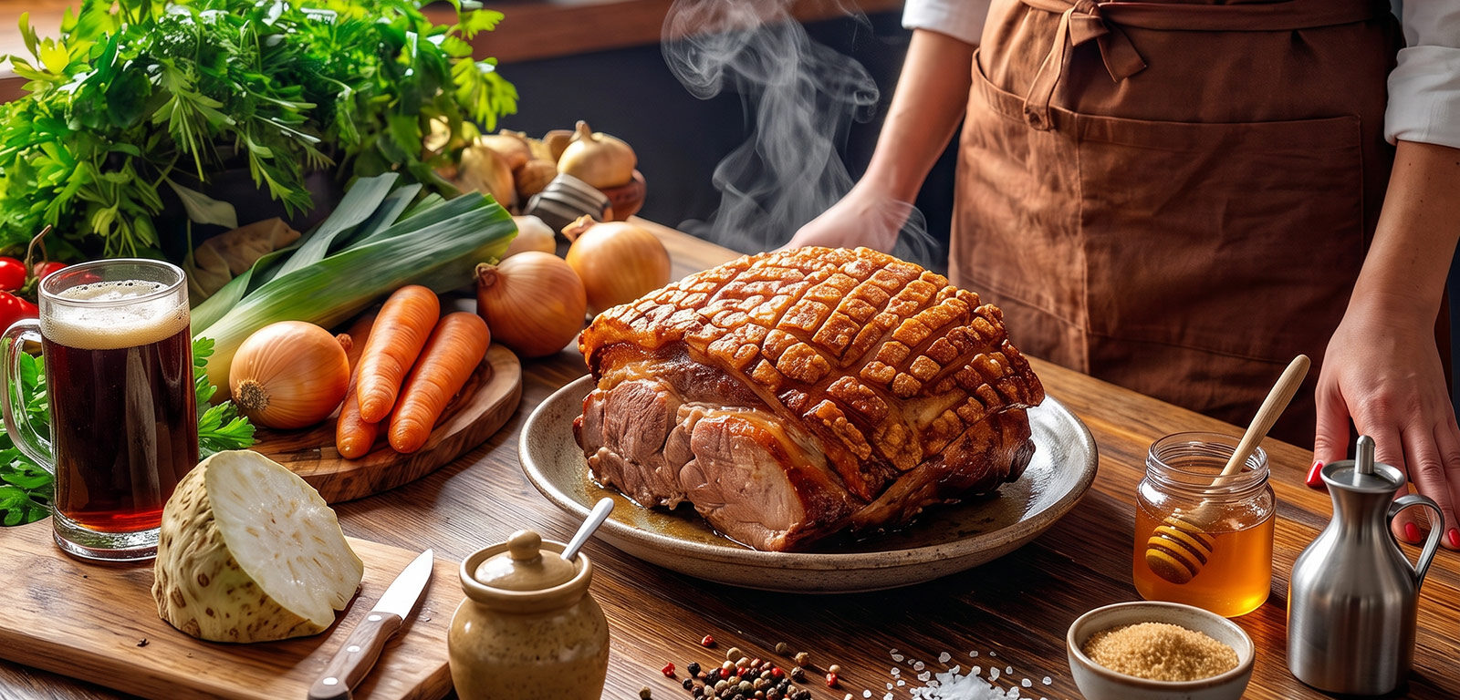 Prager Braten mit knuspriger Kruste frisch aus dem Ofen auf Servierplatte