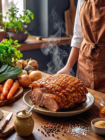 Prager Braten mit knuspriger Kruste frisch aus dem Ofen auf Servierplatte