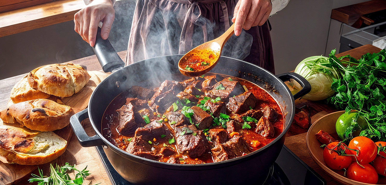 Rindergulasch frisch zubereitet in würziger Sauce im Schmortopf