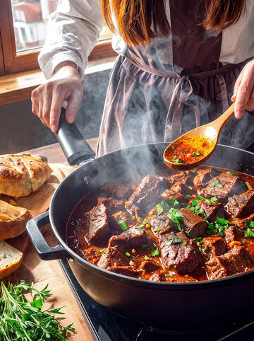 Rindergulasch frisch zubereitet in würziger Sauce im Schmortopf
