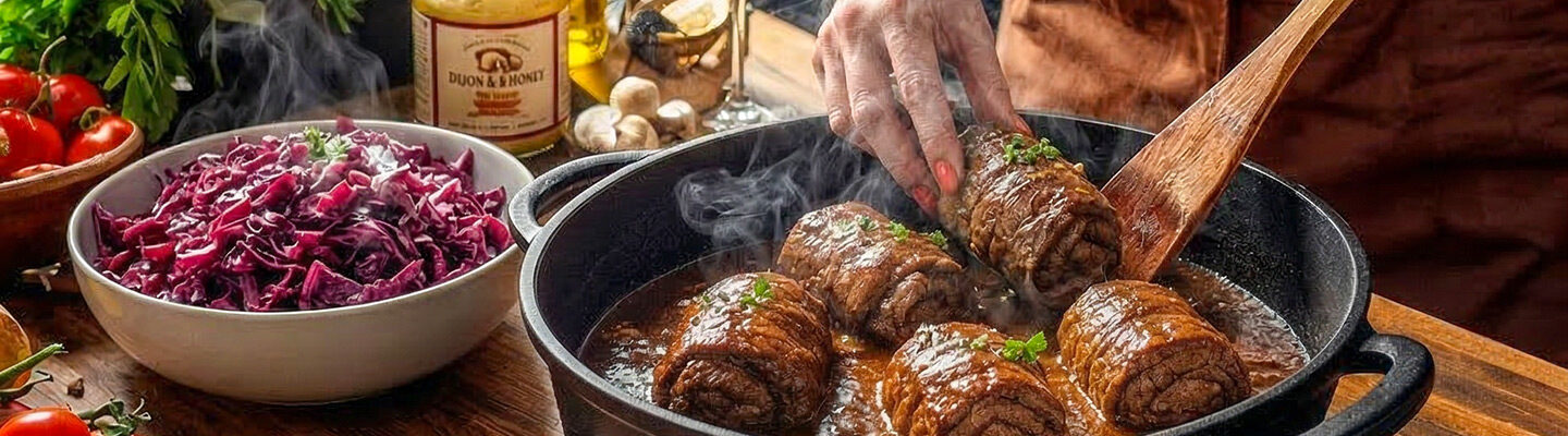 Klassische Rinderrouladen in kräftiger Sauce frisch geschmort im Schmortopf