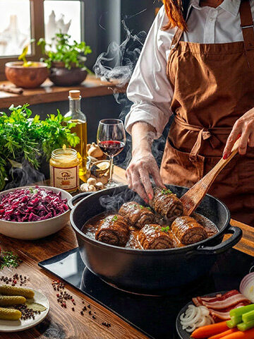 Klassische Rinderrouladen in kräftiger Sauce frisch geschmort im Schmortopf