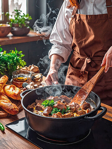 Schweinefilettopf mit zarten Schweinefiletstücken in cremiger Sauce frisch zubereitet im Schmortopf
